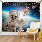 Ambesonne Outer Space Tapestry, Cosmonaut Crew in Universe Astronomy Atmosphere Astral Journey Inspired Image, Fabric Wall Hanging Decor for Bedroom Living Room Dorm, 28" X 23", Beige Blue