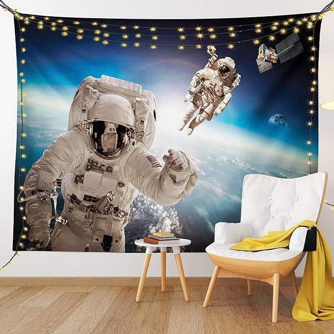 Ambesonne Outer Space Tapestry, Cosmonaut Crew in Universe Astronomy Atmosphere Astral Journey Inspired Image, Wall Hanging for Bedroom Living Room Dorm Decor, 40" X 60", Beige Blue