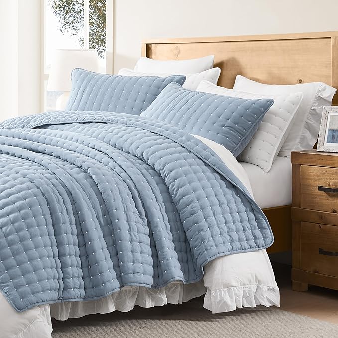 WDCOZY Queen Size Quilts Bedding Sets with 2 Pillow Shams, Lightweight Soft Bedspread Coverlet, Quilted Blanket Thin Comforter Bed Cover for All Season, 3 Pieces, 90x90 inches, Blue