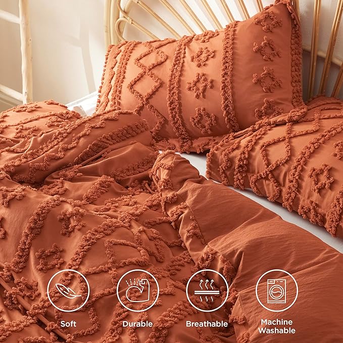 Bedsure Boho Duvet Cover King Size, Soft & Comfortable Elegant Design Boho Bedding for Decoration, Machine Washable Comforter Cover for All Seasons,Includes 1 Duvet Cover & 2 Pillow Shams,Terracotta
