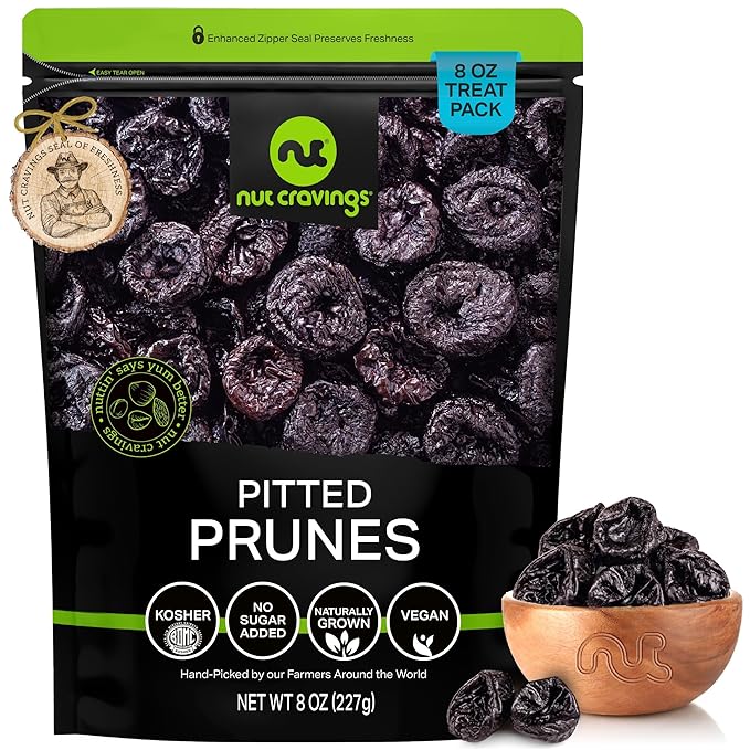 NUT CRAVINGS - Dried Prunes Pitted Unsweetened, Dry Plums No Sugar Added, Unsulphured (8oz, 1 Pack) Tu Bishvat Favorite - Sweet Healthy Snack, Vegan, Kosher, Resealable Bag