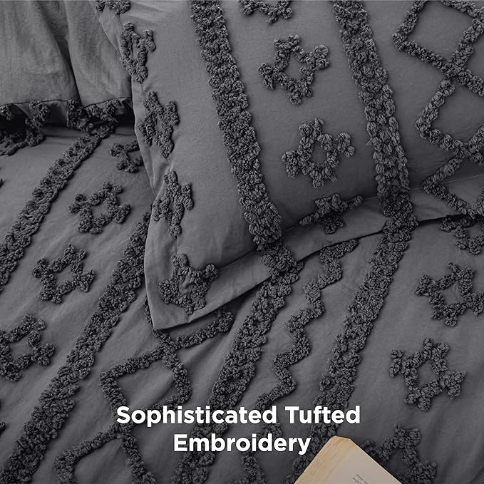Bedsure Tufted Boho Comforter Set California King Size - Dark Grey Boho Bed Set, GentleSoft™ 3 Pieces Farmhouse Shabby Chic Embroidery Bedding, Gifts for Woman, Soft Jacquard Comforter for All Seasons