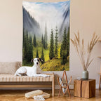 Ambesonne Forest Tapestry Twin Size, Fir Trees on Meadow Between Hillsides Conifer Woodland in Fog Before Sunrise, Wall Hanging Bedspread Bed Cover Wall Decor, 68" X 88", Gray Green