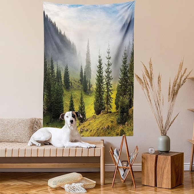 Ambesonne Forest Tapestry Twin Size, Fir Trees on Meadow Between Hillsides Conifer Woodland in Fog Before Sunrise, Wall Hanging Bedspread Bed Cover Wall Decor, 68" X 88", Gray Green