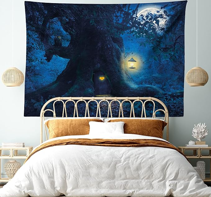 Ambesonne Forest Tapestry, Night with Home in Trunk of Enchanted Tree, Fabric Wall Hanging Decor for Bedroom Living Room Dorm, 30" X 45", Dark Night Blue Mustard