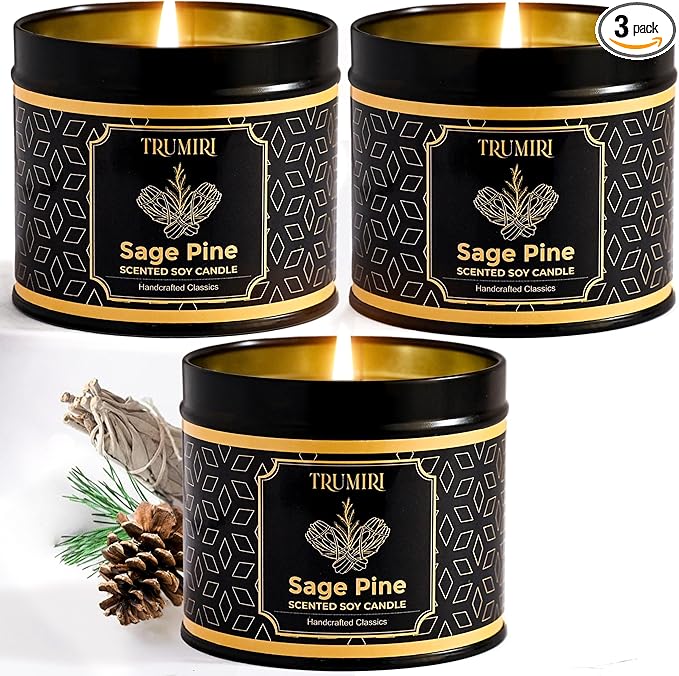 Sage & Pine Candle Strong Scented Soy Candel Natural Non Toxic Velas Aromáticas for Home Gift for Fall Christmas Holidays Pack of 3 5Oz Decorative Tin Jars with Lids