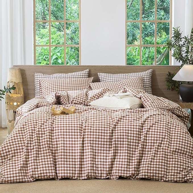 MooMee Gingham Duvet Cover Set 100% Washed Cotton Linen Like Textured Breathable Durable Soft Comfy Modern Checkered Design (Dark Orange Gingham, Palatial King/Oversized King 120"x98")