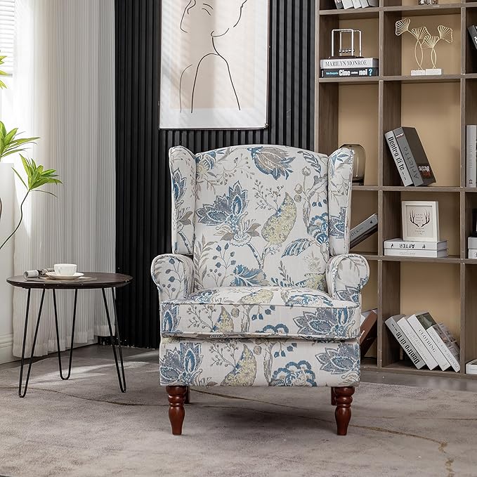 KEIKI Floral Accent Chair for Living Room – Timeless Botanical Style with Carved Wooden Legs, Decorative Upholstered Armchair for Refined Seating