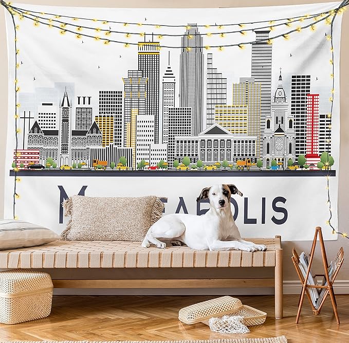 Ambesonne Minnesota Tapestry King Size, Elevation of a Street in Minneapolis Image with High Detailed Facades, Wall Hanging Bedspread Bed Cover Wall Decor, 104" X 88", White Grey