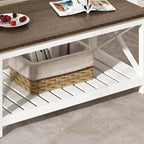 ChooChoo Coffee Table, Rustic Farmhouse Table with Shelf for Living Room, Vintage Finish White
