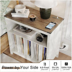 ChooChoo Large Record Player Stand with Charging Station & LED Light, Vinyl Record Holder hold up to 300 Albums, Farmhouse End Table for Bedroom, Living Room, Soft White