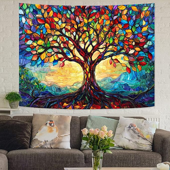 Lunerfex Tree of Life Tapestry Stained Glass Tapestry Wall Decor Tapestries for Bedroom Art Tapestries Wall Hanging for Bedroom Living Room Glass-Tree-01 44"x60"