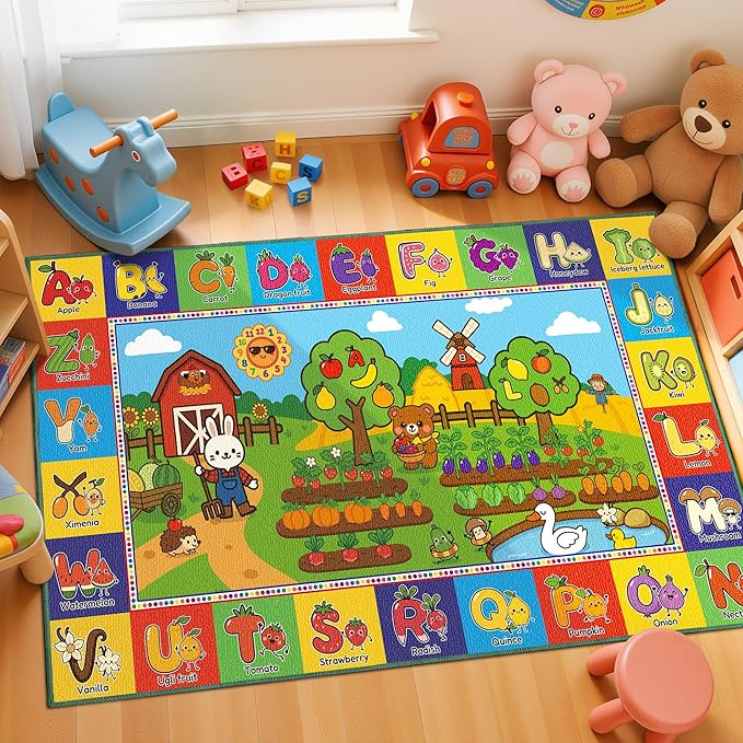 Upgrade Ultra Non Slip Kids ABC Rug for Kids Playroom, 3x5 Washable Alphabet Educational Learning Play Mat for Toddlers Baby Boys Girls, Colorful Farm Carpet for Nursery, Classroom & Bedroom, 36"x60"