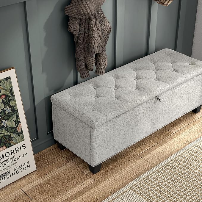 24/7 Shop at Home Sacallant Modern Linen Storage Bench with Button-Tufted Lift-Top, Upholstered Footstool, Rectangular Ottoman for Living Room, Bedroom, Entryway, Off White