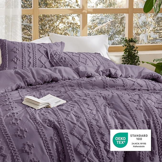 Bedsure Tufted Boho Comforter Set King Size - Grayish Purple Boho Bed Set, GentleSoft™ 3 Pieces Farmhouse Shabby Chic Embroidery Bedding, Gifts for Woman, Soft Jacquard King Comforter for All Seasons