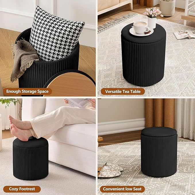 Ottoman with Storage Set of 2, Velvet Round Storage Ottoman, Upholstered Sponge Vanity Stool Support 300lbs, Multifunctional Coffee Table Foot Rest Ottomans for Living Room Bedroom, Black