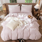 MooMee Gingham Duvet Cover Set 100% Washed Cotton Linen Like Textured Breathable Durable Soft Comfy Modern Checkered Design (Classic Gingham Greyish Pink, Full 80"x90")