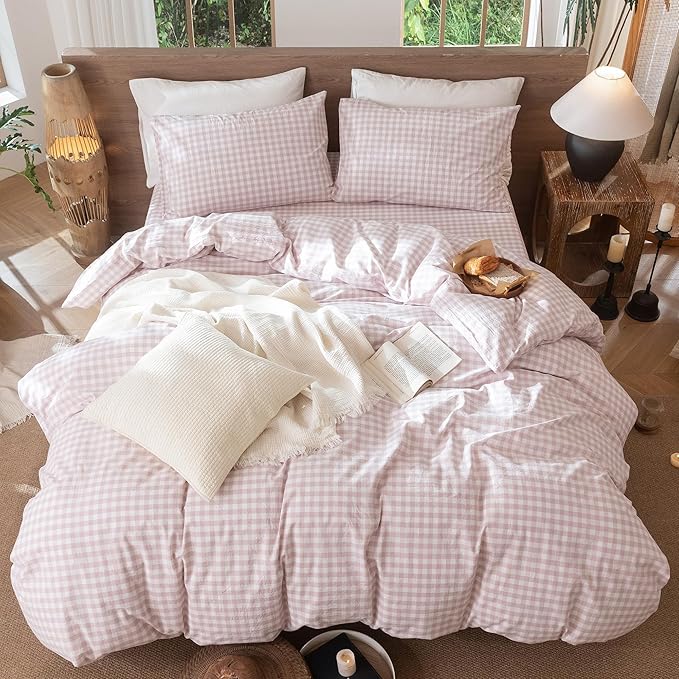 MooMee Gingham Duvet Cover Set 100% Washed Cotton Linen Like Textured Breathable Durable Soft Comfy Modern Checkered Design (Classic Gingham Greyish Pink, Queen 90"x90")