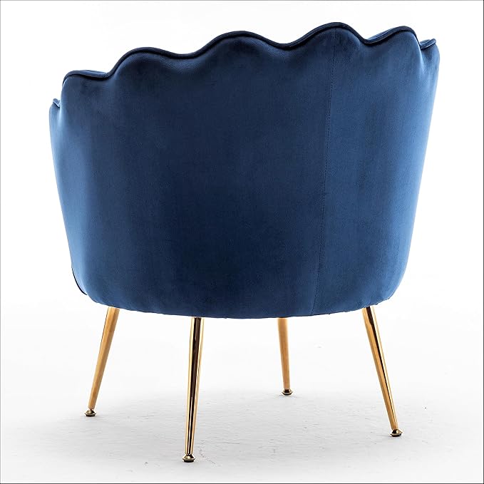 Velvet Barrel Accent Chair with Scalloped Silhouette and Gold Metal Legs, Decorative Piece Suitable for Traditional, Modern, and Contemporary Spaces, Navy Blue