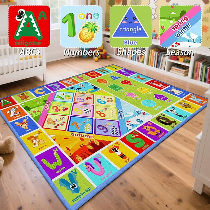 5x7 Kids Rug for Classroom & Playroom - ABC Alphabet Educational Area Rug with Animals Numbers & Shapes - Non-Slip Carpet Playmat for Nursery Preschool Elementary