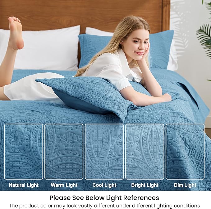 Love's cabin Quilts for Full Bed Misty Blue Bedspreads Bedding Set - Lightweight Bedspread Comforter - Coin Pattern Bedding Coverlet for All Season - 3 Pieces (1 Quilt, 2 Pillow Shams)