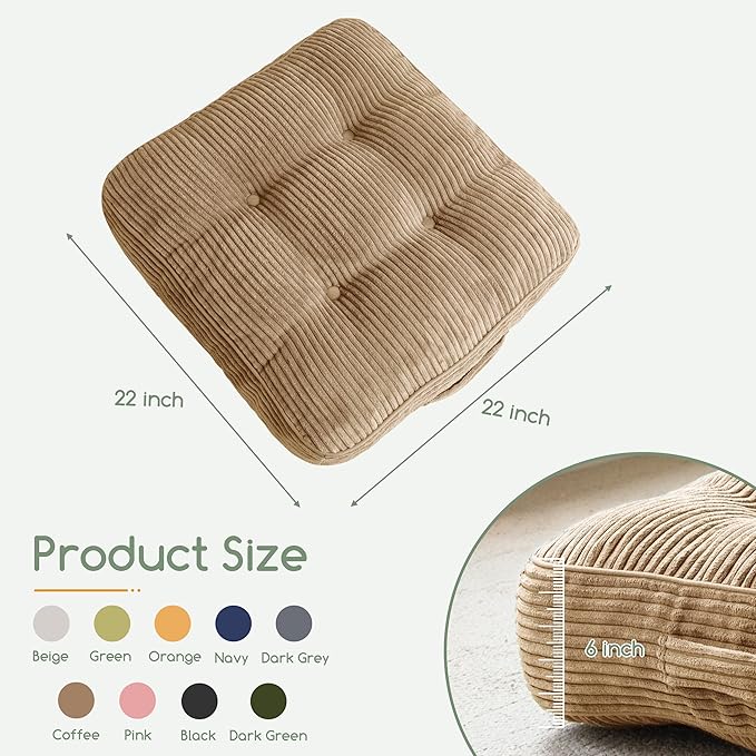 6" Washable Floor Pillow Cushion for Adults, Meditation Cushion Pillow, Large Square Floor Sitting, Removable Tufted Corduroy Cover, for Tatami Living Room or Yoga, 22x22 Inch, Machine Washable