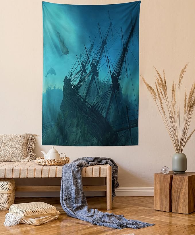 Ambesonne Nautical Tapestry, Dolphins Ruined and Wreckage Underwater Sunken Ship Mystery and Treasure Marine Style of an Artwork, Wall Hanging for Bedroom Living Room Dorm Decor, 40" X 60", Blue Teal