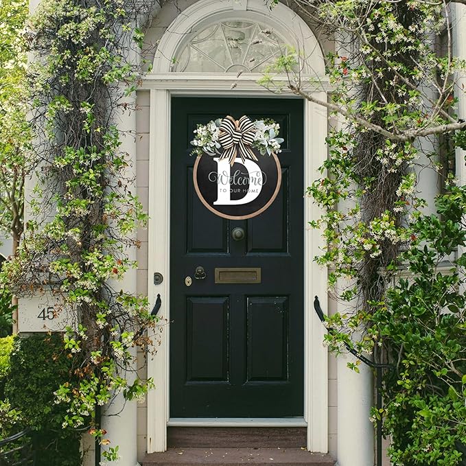 Circular Surname Front Door Welcome Sign - 26 Letter House Wreath, Front Porch Decorations, Year-Round Home Decor (D)