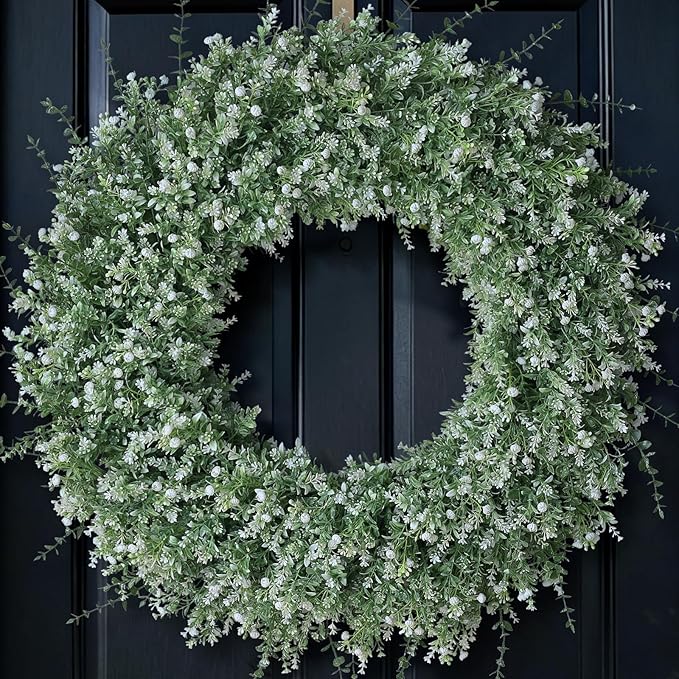 32'' Large Eucalyptus Wreath for Front Door, Porch- Artificial Eucalyptus and Lavender with Babys Breath Flowers Wreath for Home, Farmhouse Wall Decor- Spring, Summer, Fall, All Seasons (White-Green)
