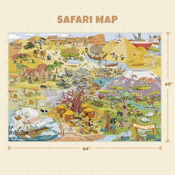 Desert Adventure Kids Rug 5x7 – Safari Animal Map Carpet with Lions, Elephants, Giraffes & Tribes – Educational Play Mat for Baby Bedroom, Classroom, or Playroom, Gold and Vibrant Decor