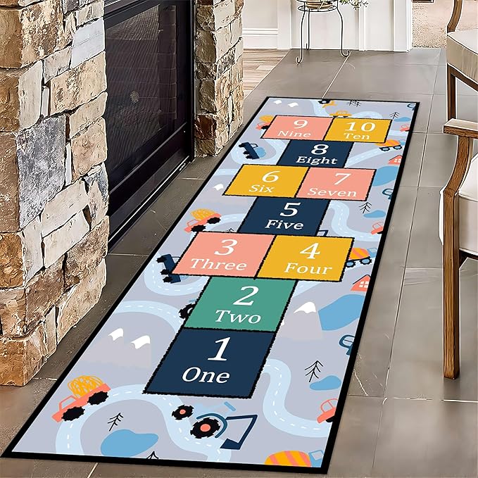 Hopscotch Game Long Hallway Rug Runners, 4x12ft, Cartoon City Car Road Bedroom Carpet, Shed Resistant Low Pile Carpets, Machine Washable Soft Non Slip Rugs for Nursery Dorm Family