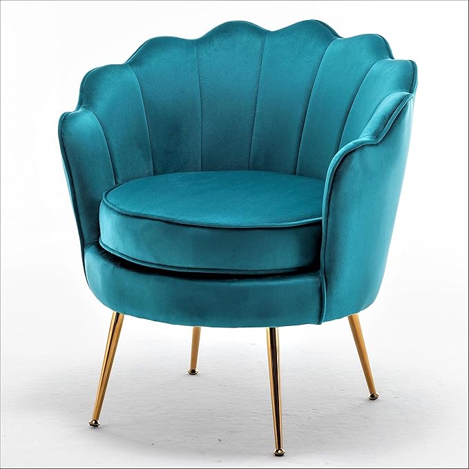 Velvet Barrel Accent Chair with Scalloped Silhouette and Gold Metal Legs, Decorative Piece Suitable for Traditional, Modern, and Contemporary Spaces, Greenish Blue