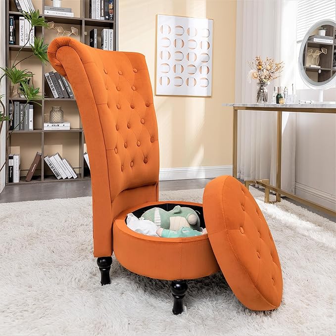 Royal High-Back Velvet Accent Chair for Vanity with Storage and Luxurious Upholstery, Retro Design and Versatile Usage for Livingroom, Bedroom, Lounge and Office, Red Orange