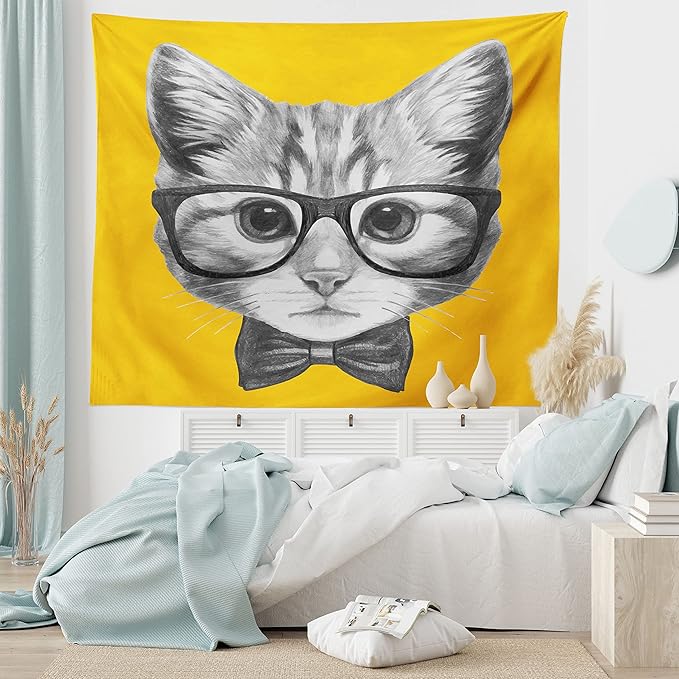 Ambesonne Animal Tapestry, Sketchy Hand Drawn Design Hipster Cat Kitten Glasses Image Print, Fabric Wall Hanging Decor for Bedroom Living Room Dorm, 28" X 23", Grey Mustard