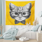 Ambesonne Animal Tapestry, Sketchy Hand Drawn Design Hipster Cat Kitten Glasses Image Print, Fabric Wall Hanging Decor for Bedroom Living Room Dorm, 45" X 30", Grey Mustard