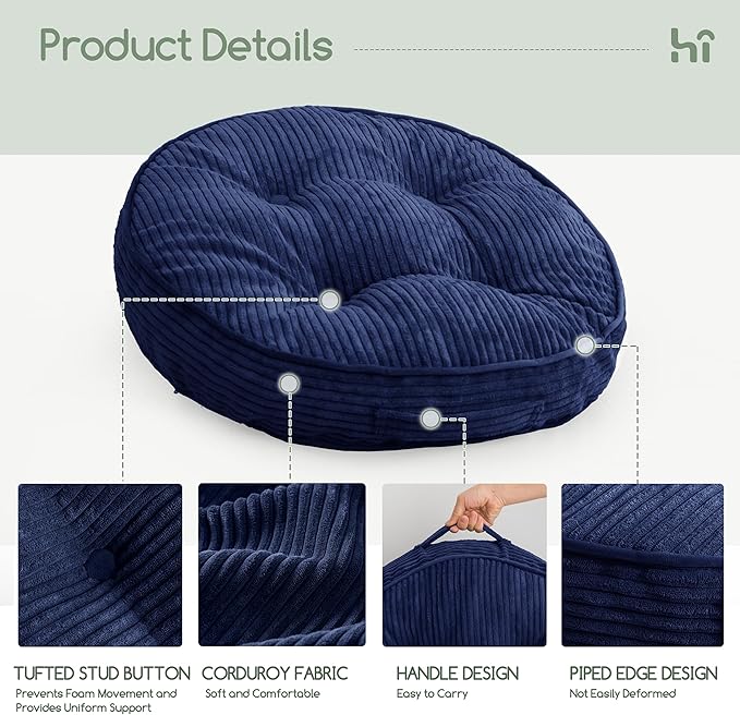 HIGOGOGO Washable Floor Pillow Cushion for Adults, Meditation Cushion Pillow, Large Round Floor Sitting, Removable Tufted Corduroy Cover, for Tatami Living Room or Yoga, 22x22 Inch, Machine Washable