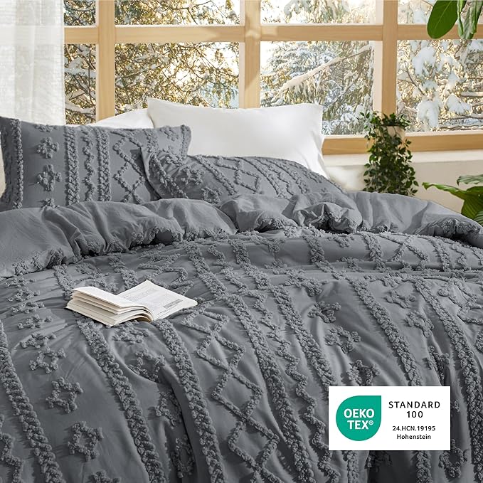 Bedsure Tufted Boho Comforter Set King Size - Grey Boho Bed Set, GentleSoft™ 3 Pieces Farmhouse Shabby Chic Embroidery Bedding, Gifts for Woman, Soft Jacquard King Comforter for All Seasons