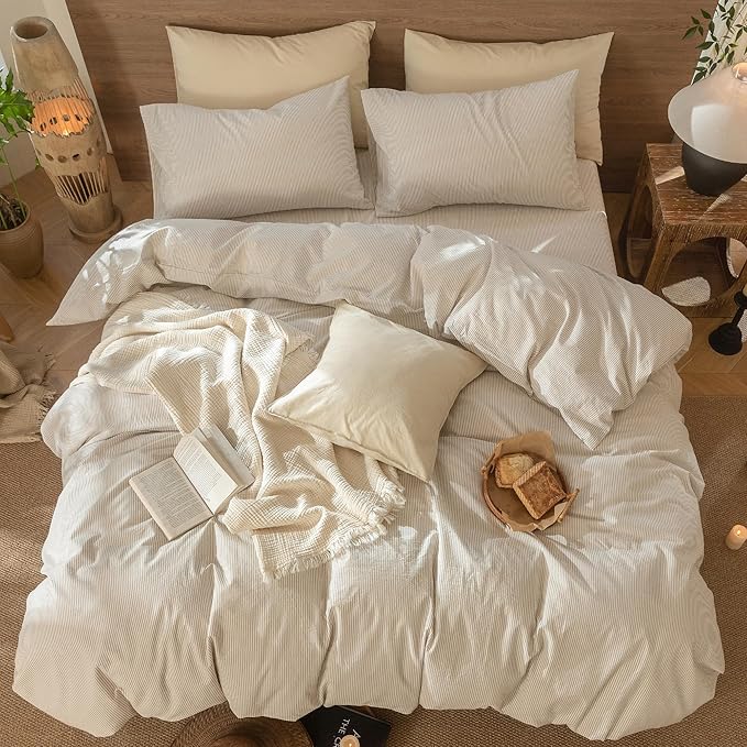MooMee Striped Duvet Cover Set 100% Washed Cotton Linen Like Textured Breathable Durable Soft Comfy (Tannish Linen Grey White Pinstripes, Queen 90"x90")
