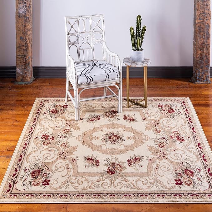 Rugs.com Chateau Collection Rug – 7' Square Cream Medium Rug Perfect for Living Rooms, Kitchens, Entryways