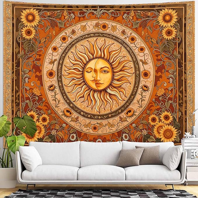 Accnicc Vintage Sun and Moon Tapestry Boho Yellow Orange Indie Wall Tapestry for Bedroom Aesthetic Sunflower Extra Large Hippie Fall Tapestries Wall Hanging for Living Room Dorm 90 x 68 Inch
