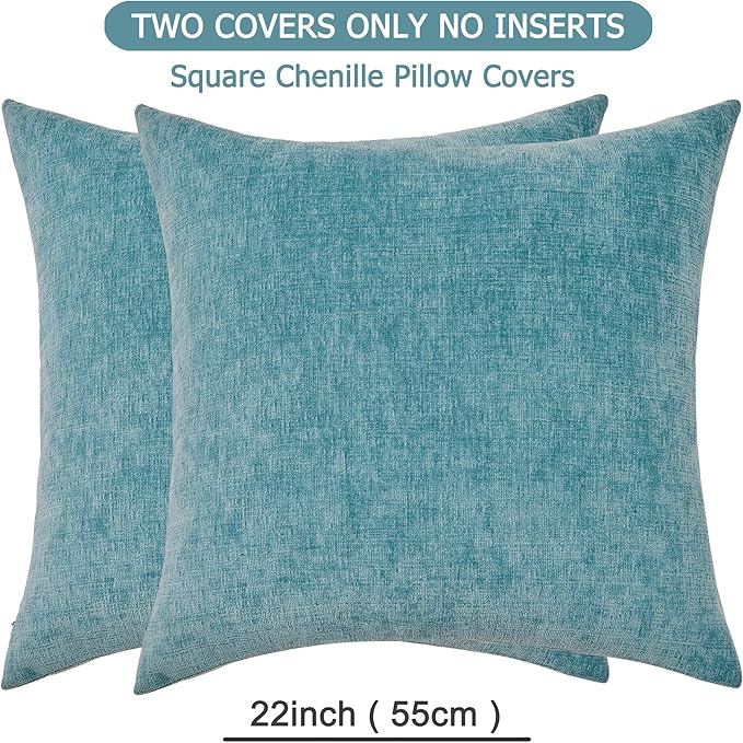 GAWAMAY Decorative Square Throw Pillow Covers 22"x22" Inch Set of 2, Super Soft Chenille Pillows Farmhouse Fall Pillowcase for Living Room Bedroom Sofa Couch Cushion Cover Smoke Blue 55x55cm