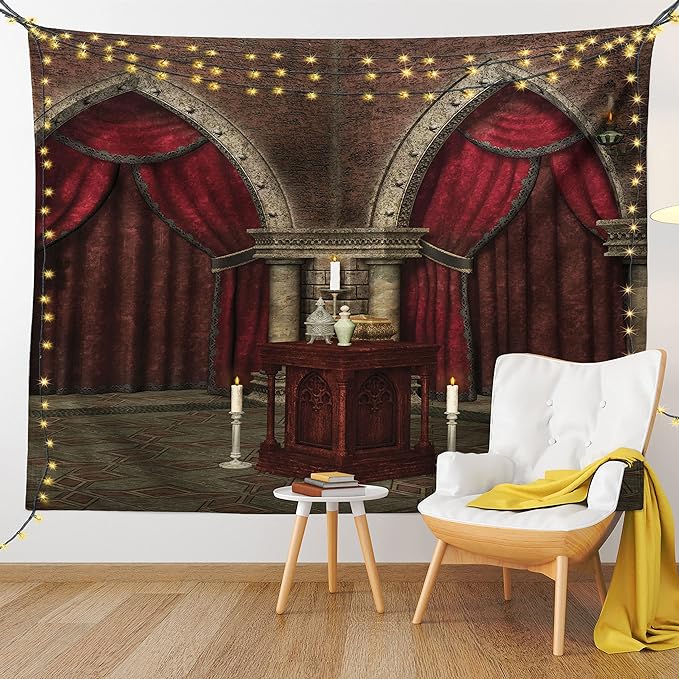 Ambesonne Gothic Tapestry, Mysterious Dark Room in Castle Pillars Candles Atmosphere Pattern, Wall Hanging for Bedroom Living Room Dorm Decor, 40" X 60", Red Black