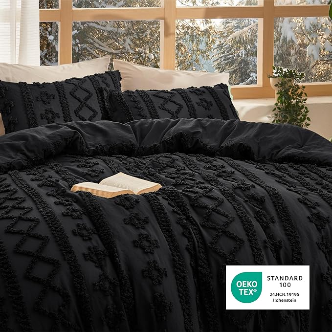 Bedsure Tufted Boho Comforter Set Oversized Queen - Black Boho Bed Set, GentleSoft™ 3 Pieces Farmhouse Shabby Chic Embroidery Bedding, Gifts for Woman, Soft Jacquard Comforter for All Seasons