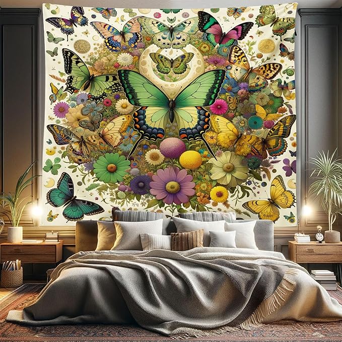 Ambesonne Boho Tapestry King Size, Dancing Moth and Butterfly with Colorful Leafy Jumble Flowers Witchcore, Wall Hanging Bedspread Bed Cover Wall Decor, 104" X 88", Fern Green Lilac Orange