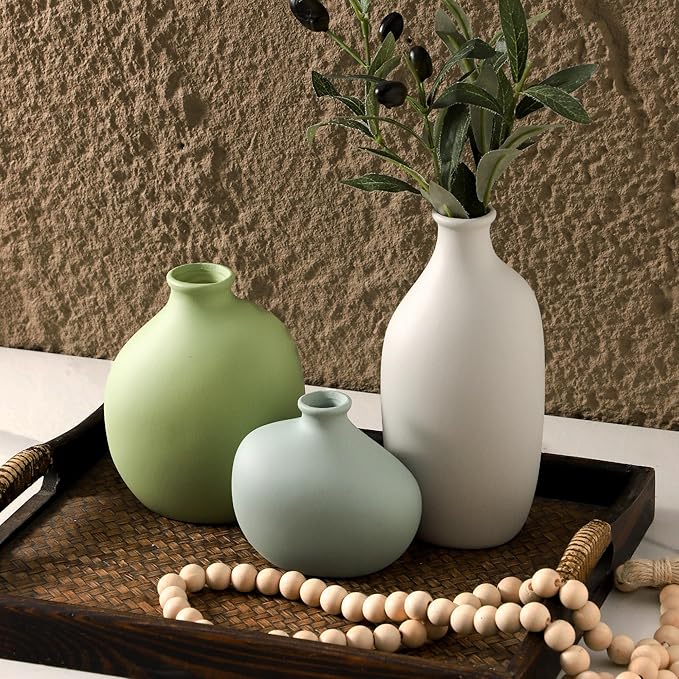 Ceramic Vase Set of 3, Small Rustic Farmhouse Pottery Vases for Home Decor, Perfect for Pampas Grass, Ideal for Living Room, Bedroom, Kitchen, Bathroom, Bookshelf, Table Centerpiece.