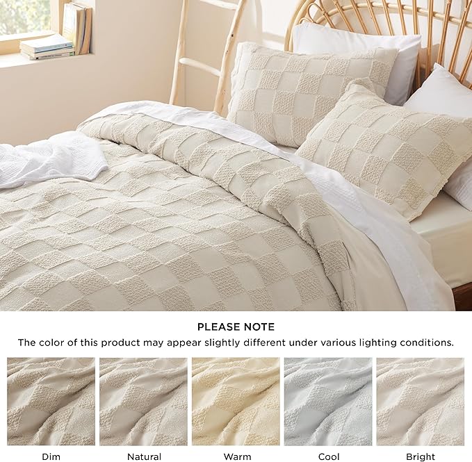 Bedsure Boho Kids Duvet Cover Queen Size（Duvet Insert/Comforter not Included - Checkered Duvet Cover Queenfor All Seasons,Soft Shabby Chic Boho Bedding (Beige, 90" x 90")