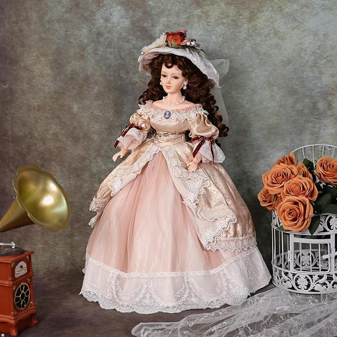 22 Inch 55cm Porcelain ＆ Fabric Victoria Doll, European Retro Handmade Ceramic Doll with Showing Stand for Room Decor, Birthday Gifts, Collectible，Name Lenore
