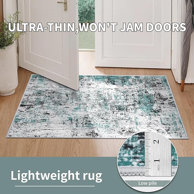 Ciicool Abstract Area Rug Indoor, 3x5 Washable Entryway Rug, Modern Throw Rug with Non-Slip Backing Ideal for Bedroom Living Room Entrance Kitchen, Non-Shedding Low-Pile Floor Carpet Doormat Turquoise