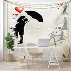 Ambesonne Wedding Tapestry King Size, Couple in Love Umbrella Red Hearts Daisies Romance in the Air Celebration, Wall Hanging Bedspread Bed Cover Wall Decor, 104" X 88", Black White Red