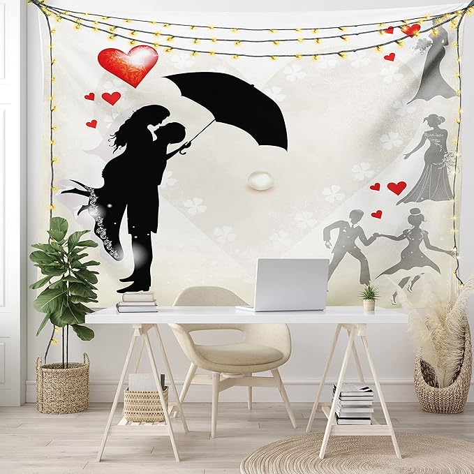 Ambesonne Wedding Tapestry, Couple in Love Umbrella Red Hearts Daisies Romance in the Air Celebration, Fabric Wall Hanging Decor for Bedroom Living Room Dorm, 30" X 45", Black White Red